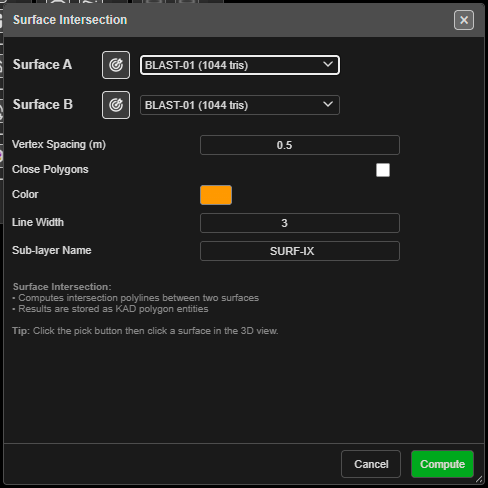 Surface Intersection dialog