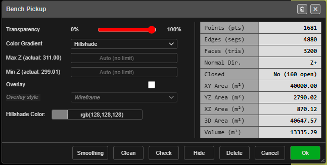 Surface properties dialog with Hillshade chosen