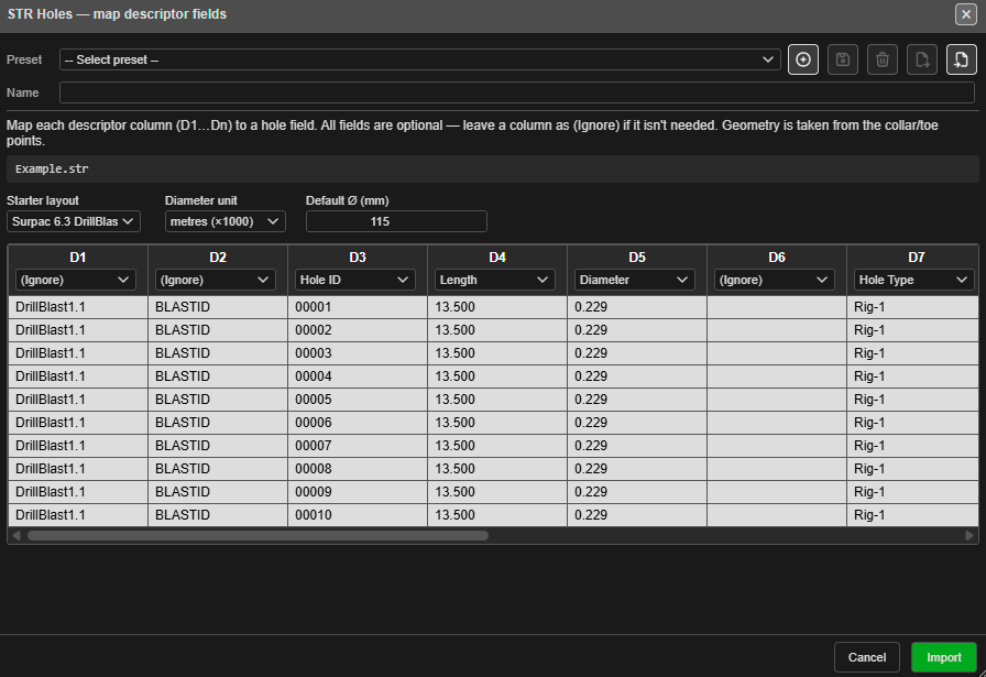STR Holes — map descriptor fields, with the Surpac 6.3 DrillBlast starter layout
