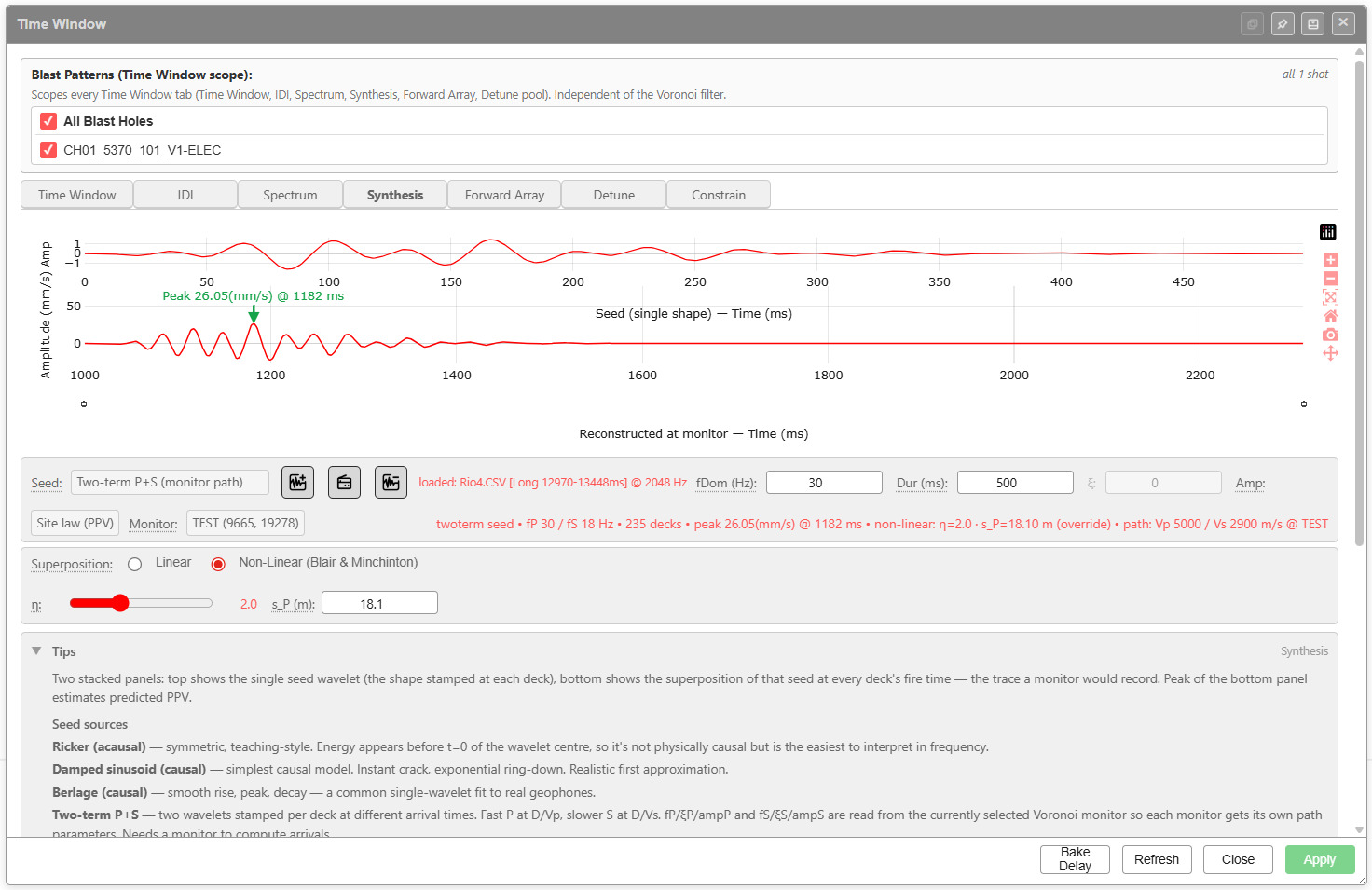 Synthesis tab — single seed and reconstructed monitor trace