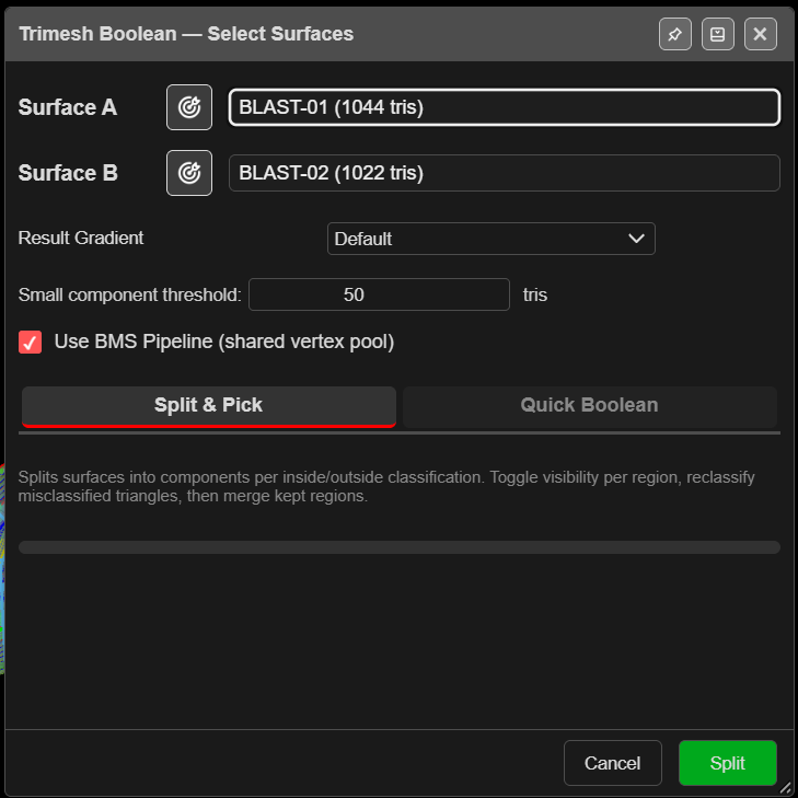 Trimesh Boolean — Select Surfaces dialog