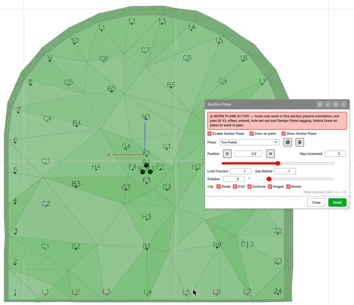Looking along the drive at a face round, with the Section Plane dialog set to Two Points and Draw on plane