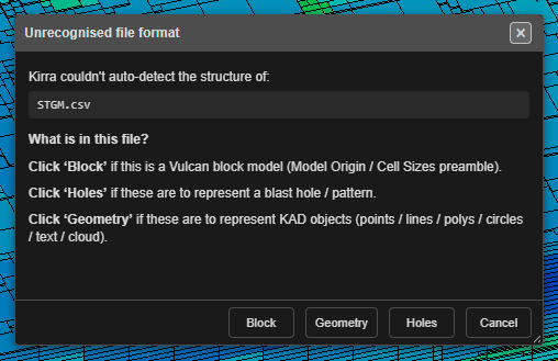 The Unrecognised file format dialog — click Block for a Vulcan block model CSV