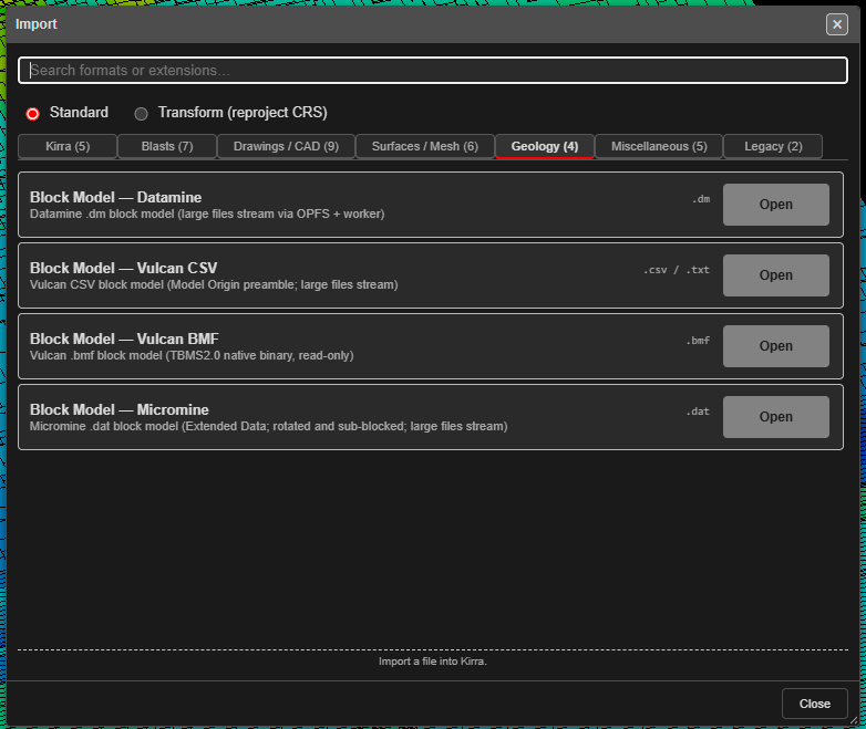 Import dialog — Geology tab