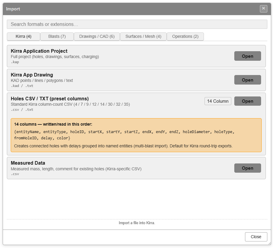 Import dialog — Kirra tab