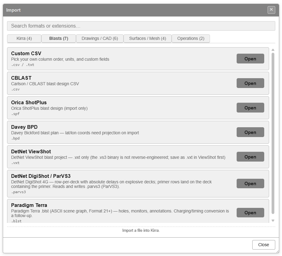 Import dialog — Blasts tab
