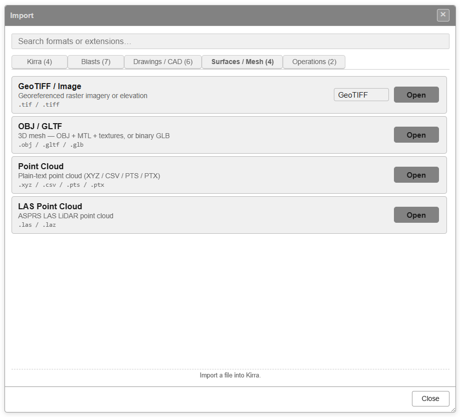 Import dialog — Surfaces / Mesh tab