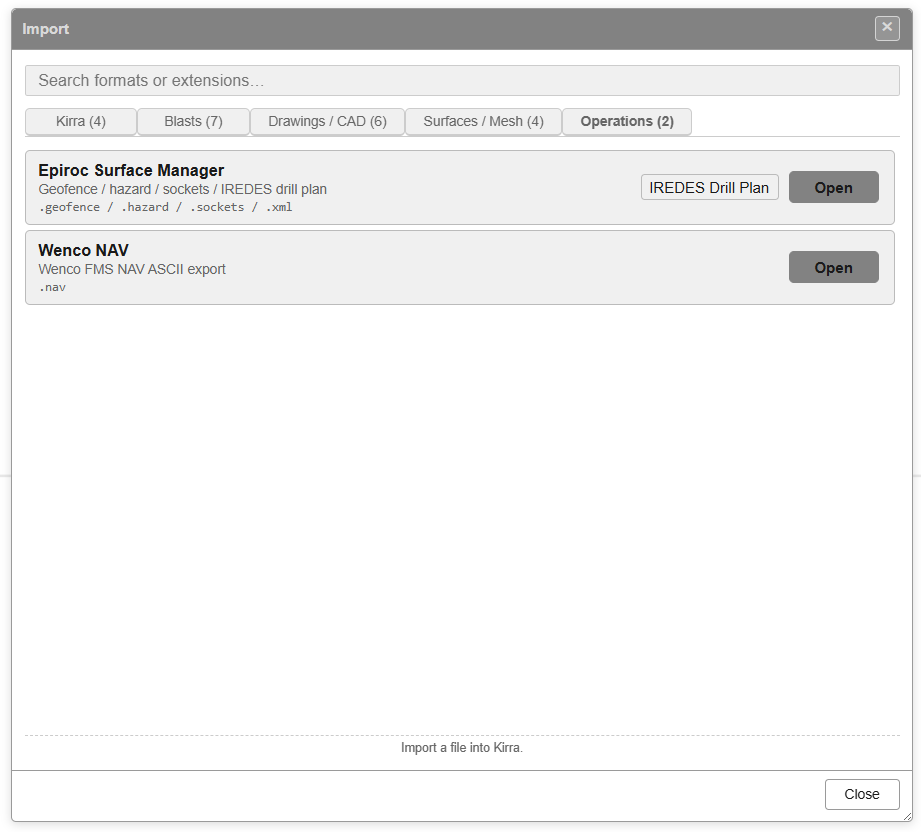 Import dialog — Operations tab