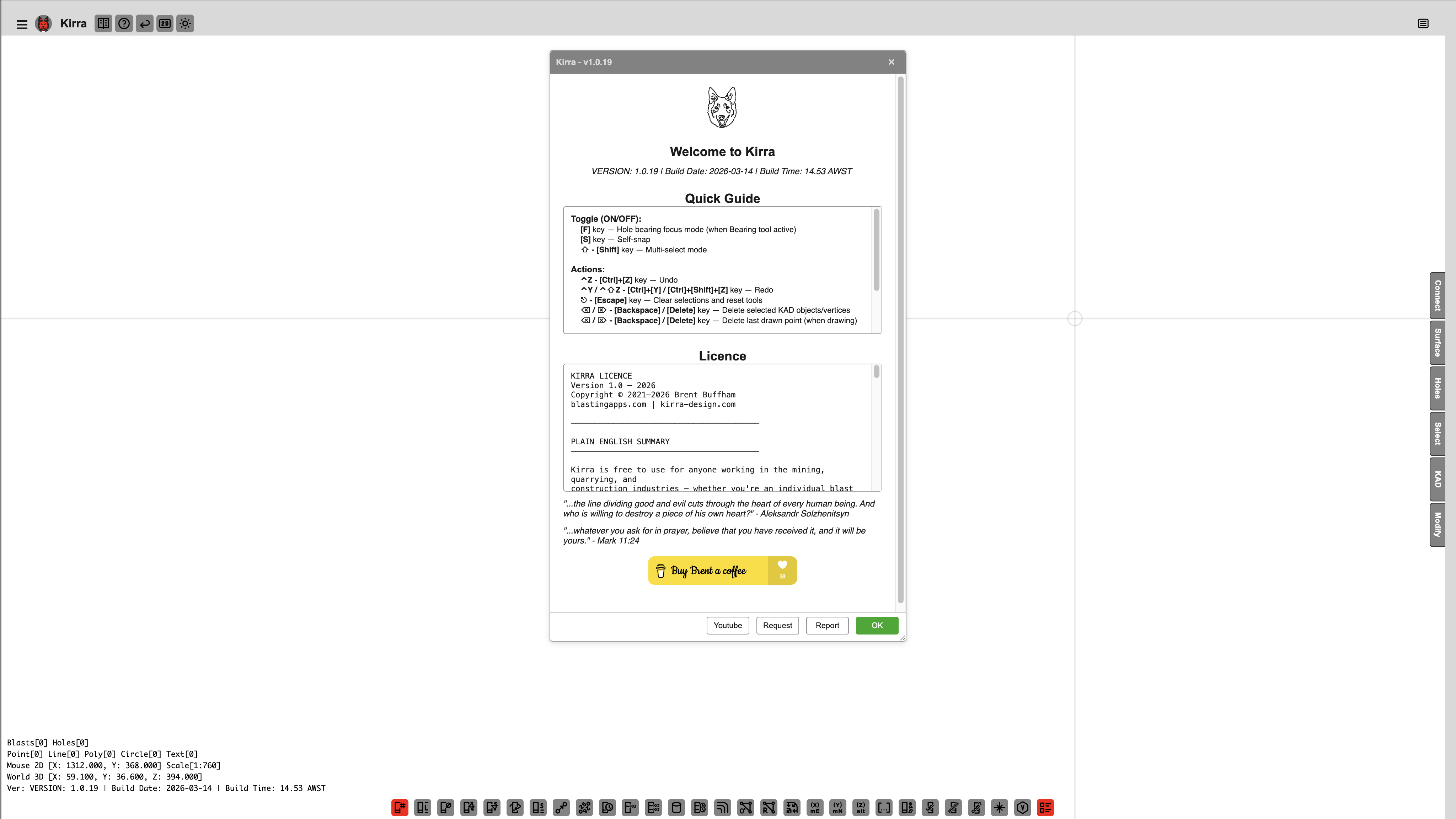 Kirra welcome screen on startup